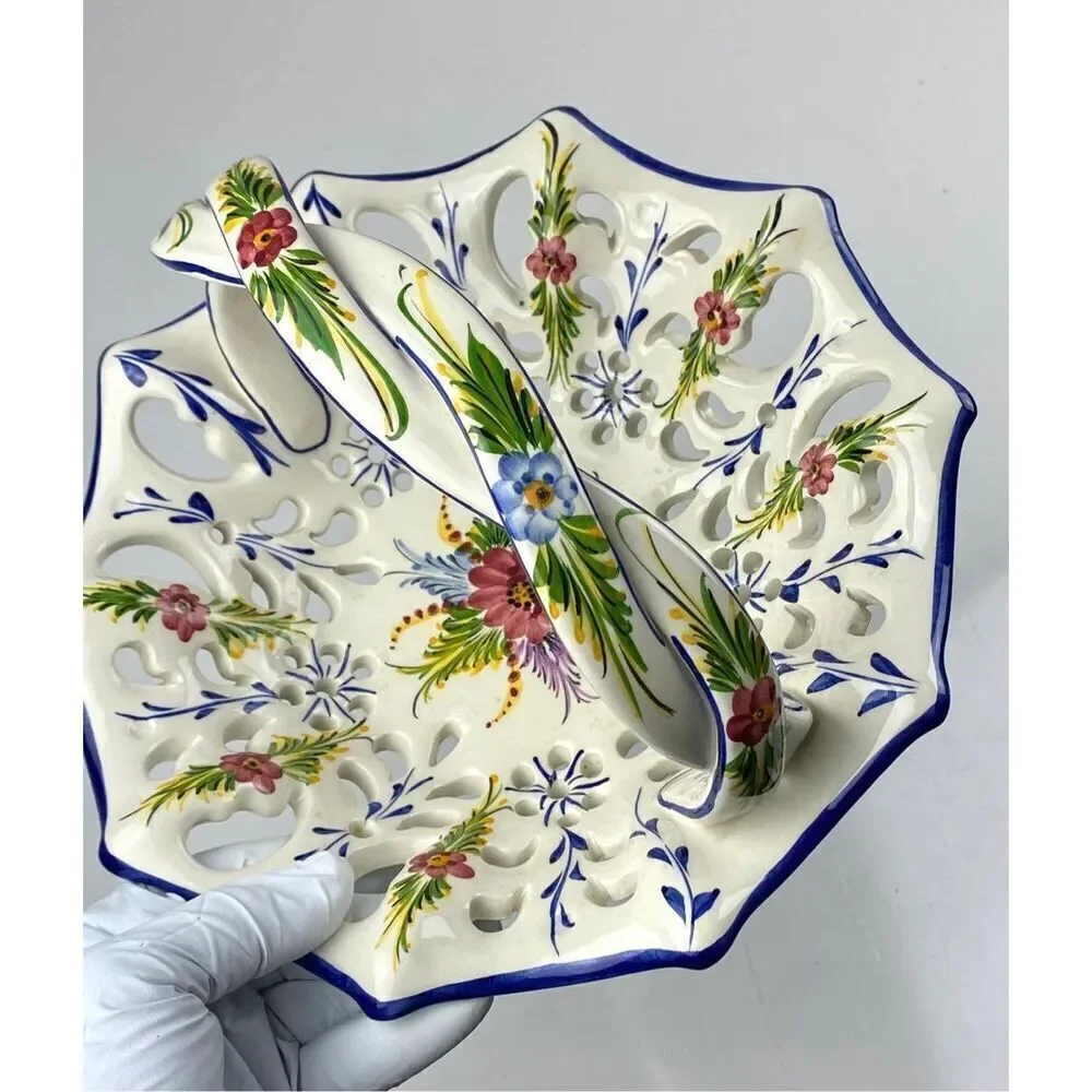 Vtg RCCL Ceramic Hand Painted Floral Blue Fruit Basket w Braided Handle Portugal